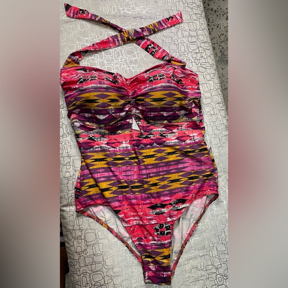 PLUS SIZE TROPICULTURE Pink Print Zanzibar Triangle 1-Piece Bathing Suit - Picture 2 of 5